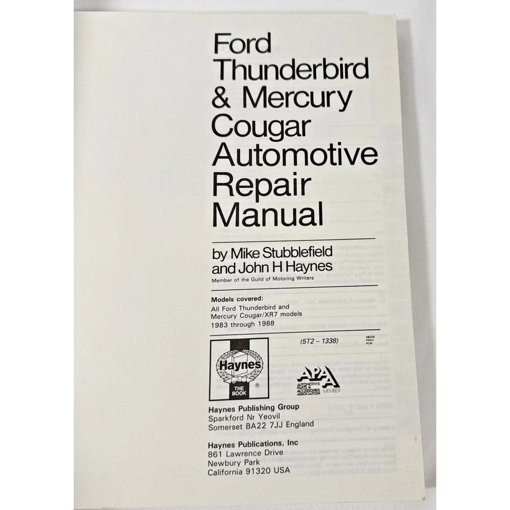 Haynes Repair Manual Ford Thunderbird Mercury Cougar 1983-1988 1338